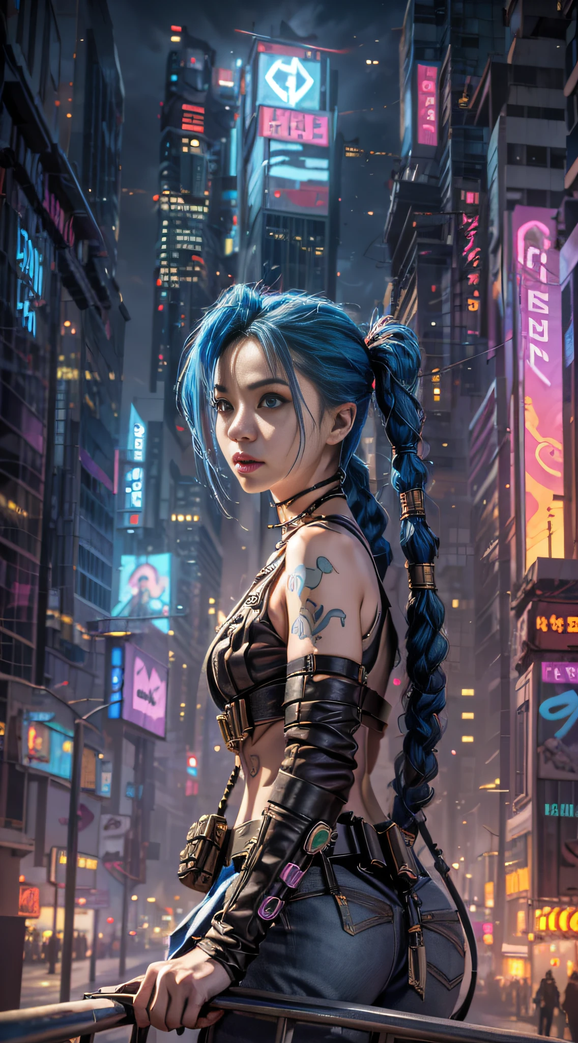 （Cyberpunk Cityscape 1.5）((Jinx), (Ultra-wide angle lens 1.5 ), self-shot, Cowboy shot, Wind,, cyberpunk city landscape, (Aesthetics and atmosphere:1.2),Grim expression，irate，tosen