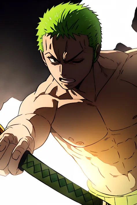 1boy, wanostyle, roronoa zoro, angry looking, katana,  (one eye closed),  scar across eye,  green hair. solo, upper body, (((masterpiece))), ((best quality)), (extremely detailed), watercolor, illustration, depth of field, sketch, dark intense shadows, sha...