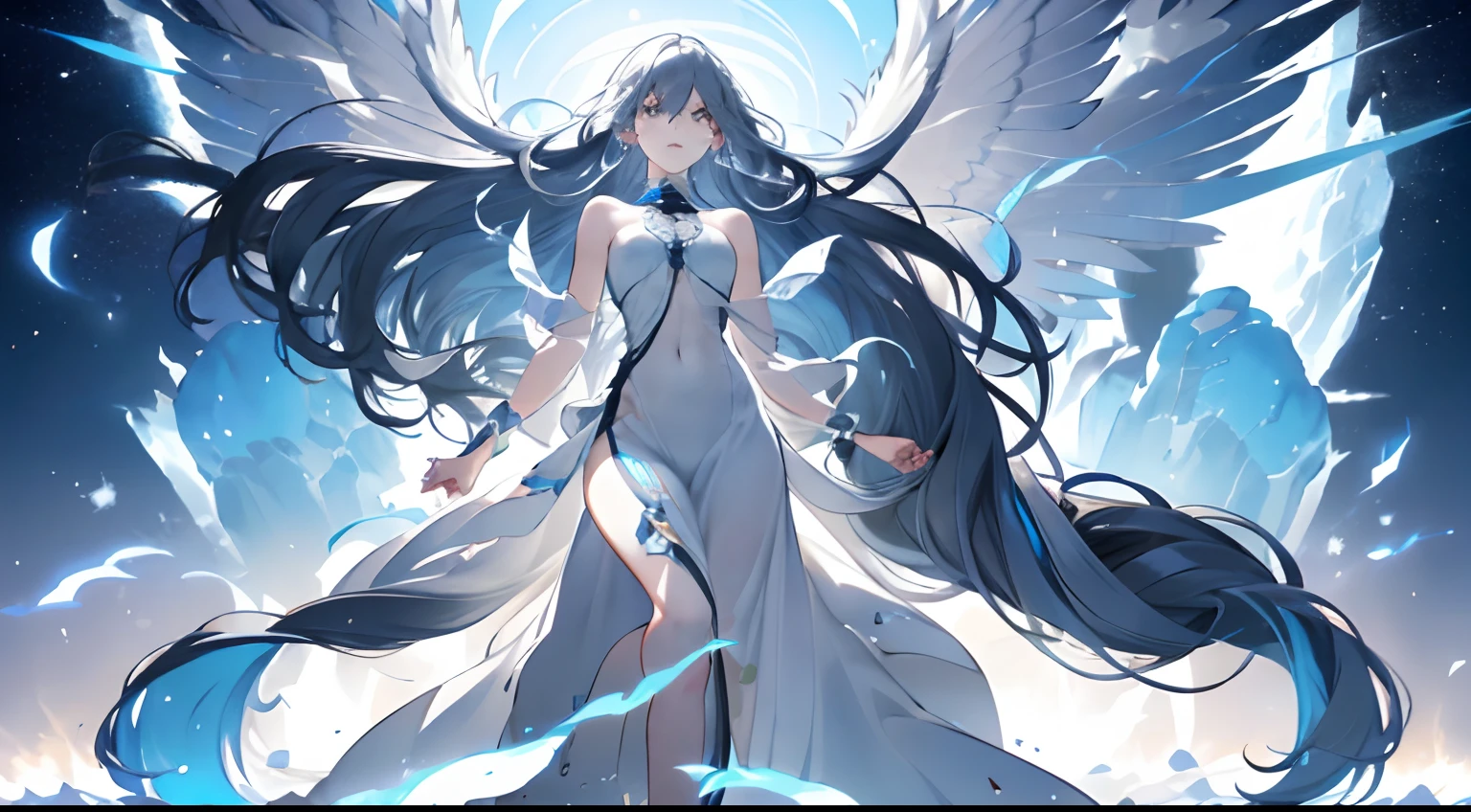 Anime angel girl with long black hair and white dress - SeaArt AI