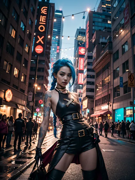 Cyberpunk-city，Just experienced the war，The streets are dilapidated，Jinx，Jinx stands on a pile of dead monsters，（Fisheye lens 1....