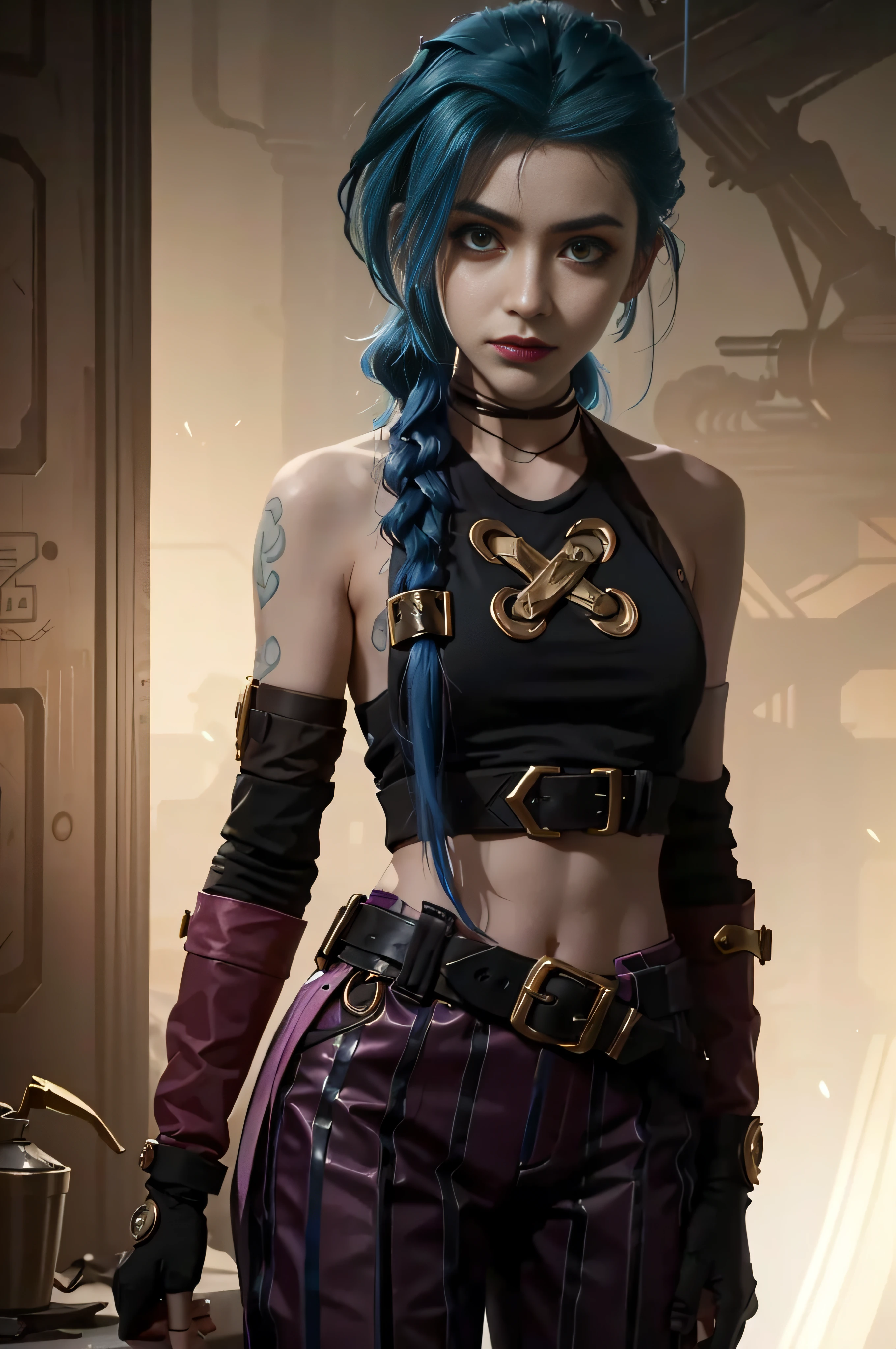 there is a woman with blue hair and a black top, portrait of jinx from arcane, jinx from arcane, jinx from league of legends, rococo cyberpunk, Cyberpunk Style ， Hyperrealistic, loba andrade from apex legends, ornamental gothic - cyberpunk, Hyper-realistic cyberpunk style, portrait of lady mechanika, alice in wonderland cyberpunk, Vivid steampunk concept