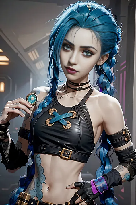 there is a woman with blue hair and a black top, portrait of jinx from arcane, jinx from arcane, jinx from league of legends, ro...