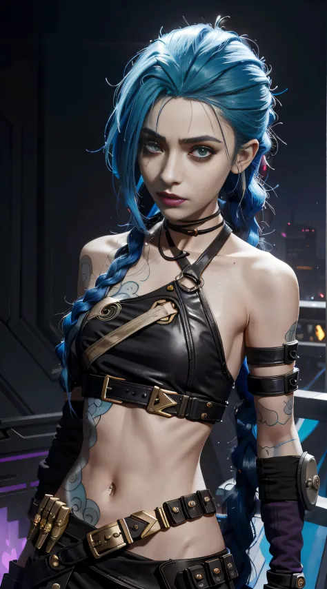 there is a woman with blue hair and a black top, portrait of jinx from arcane, jinx from arcane, jinx from league of legends, rococo cyberpunk, Cyberpunk Style ， Hyperrealistic, loba andrade from apex legends, ornamental gothic - cyberpunk, Hyper-realistic...