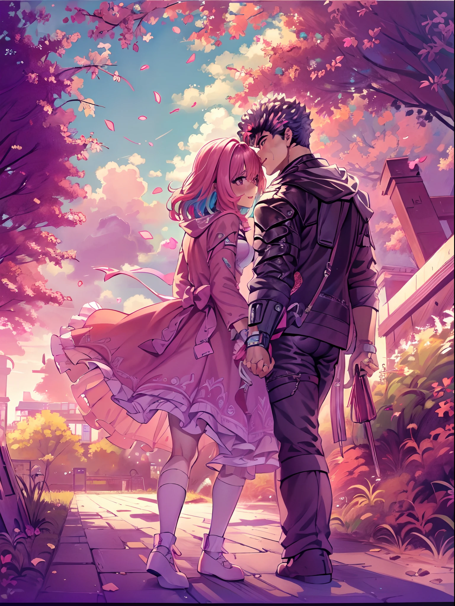 riamu,guts,Paar,Ehemann und Ehefrau,love dovey Paar, gehen,,Kuss,lächeln,(beste Qualität,4k,8k,highres,Meisterwerk:1.2),ultra-detailliert,(r1.37),Porträts,lebendige Farben,warme Töne,sanfte Beleuchtung