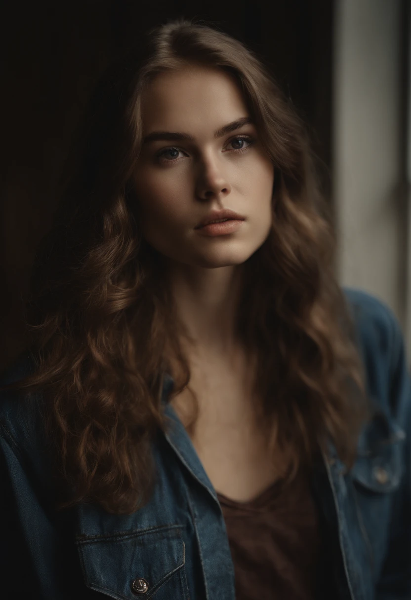 Majken Andersson, a Scandinavian woman at age 20, perfect face, fair skin, dark brown, dirty messy semi-long hair, full-body shot, taking classes at college, film grain, Photorealism