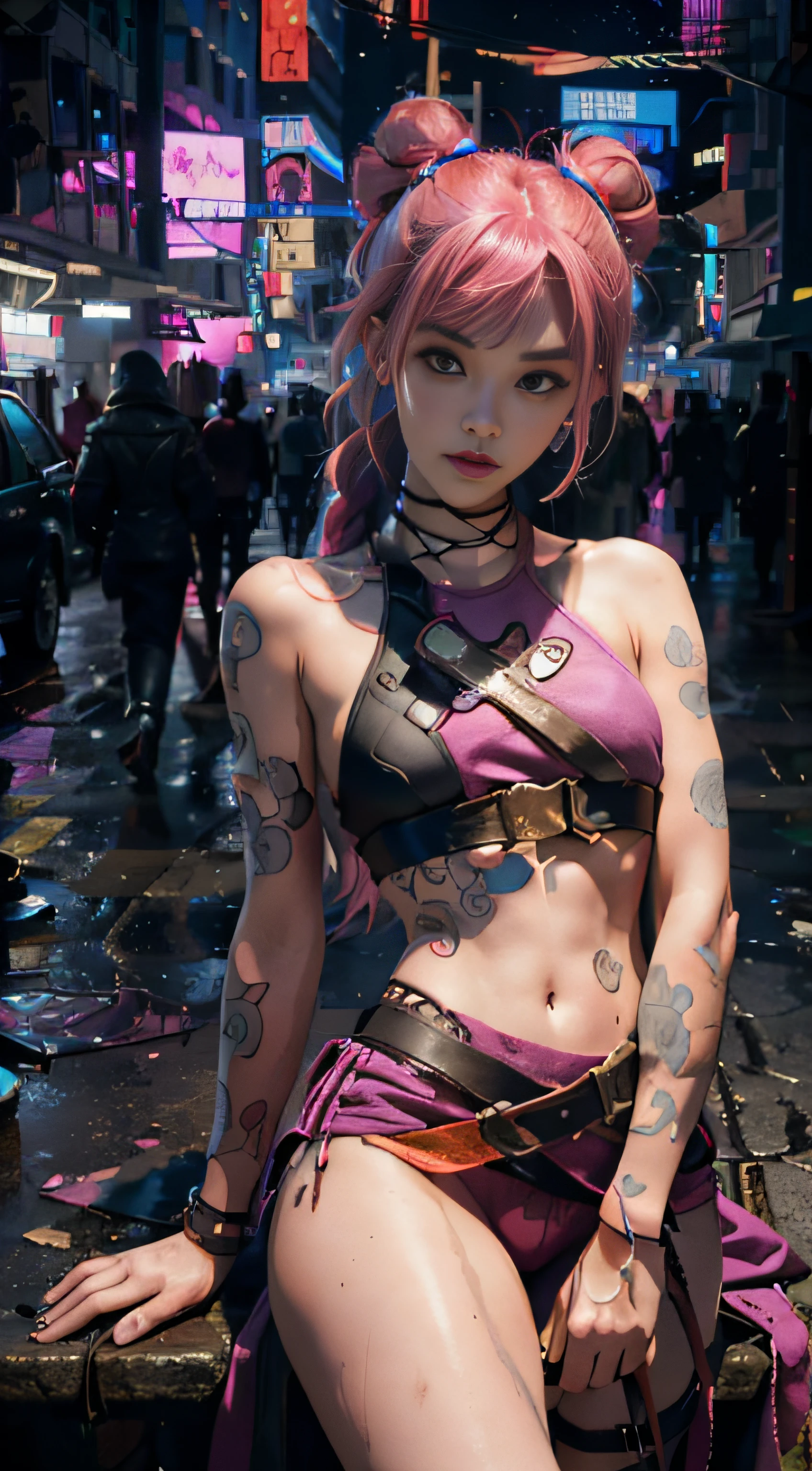Jinx，Masterpiece, HighestQuali, Ultra-high resolution, 8K, A girl,Beauty,21yo,Fair skin, Extremely beautiful,Strong gaze, alone,Bust portrait,Cyberpunk costumes, Extremely detailed face, Detailed eyes, mischievous grin, cheerful big breasts, Realistic photo, Completely realistic, People's Pell, Studio lighting,golden ratio body, Wide hips,Perfect legs, BIG ASS,Pink hair, double-bun,Blunt bangs,Orange and white clothes,d-cup breasts,In the cyberpunk city,Cyberpunk city setting,((Night)),rain,side pose,Tattoos,cheerfulness