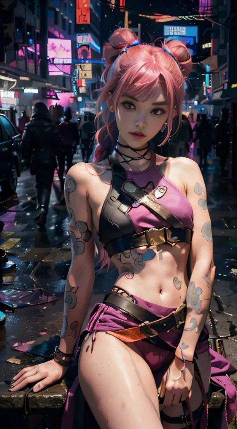 Jinx，Masterpiece, HighestQuali, 超高分辨率, 8K, A girl,Beauty,21yo,Fair skin, Extremely beautiful,Strong gaze, Alone,Bust portrait,Cyberpunk costumes, Extremely detailed face, Detailed eyes, mischievous grin, cheerful big breasts, Realistic photo, Completely re...