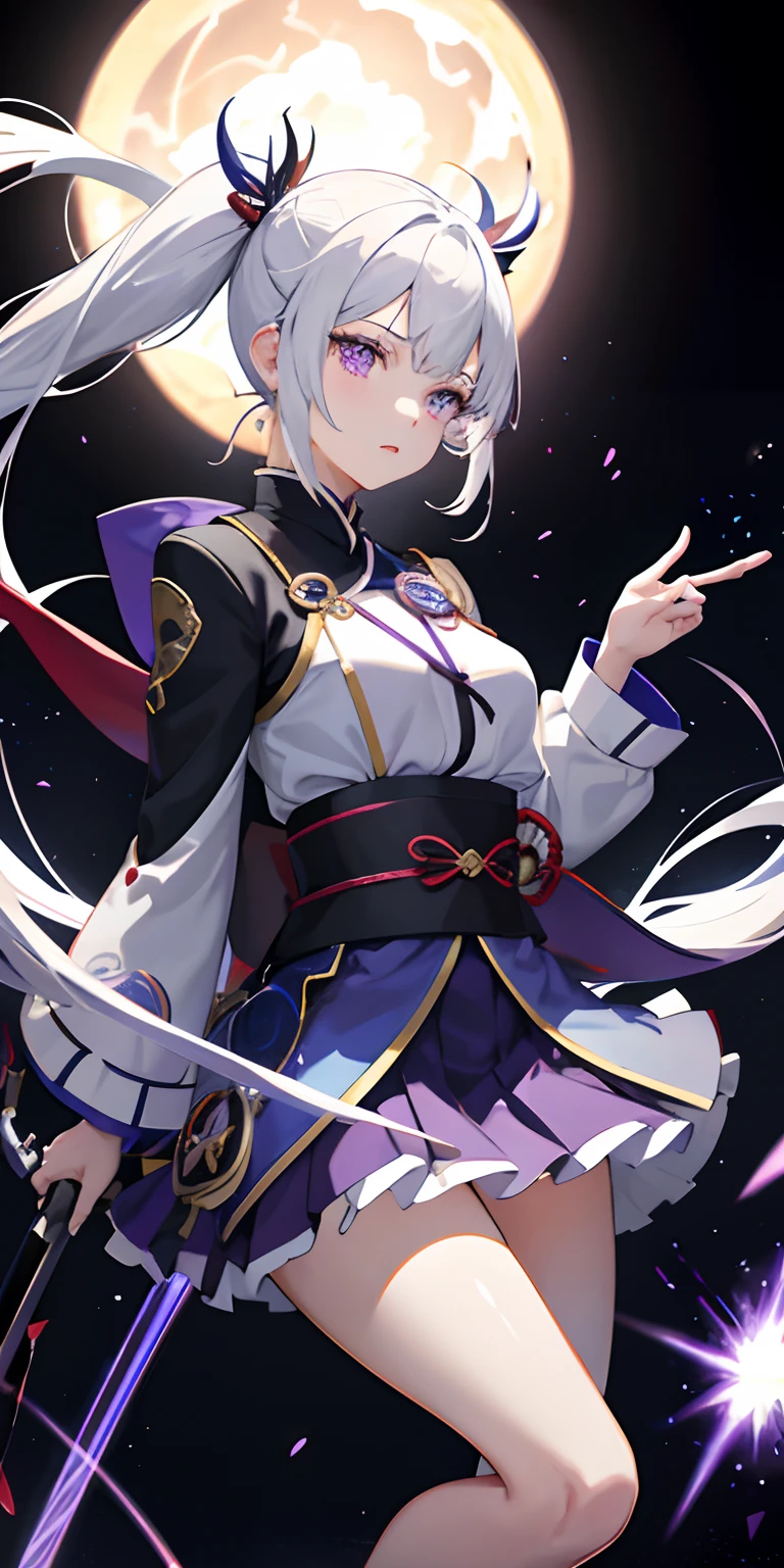 1girll, Japanese clothes, pony tails ,White hair, Purple eyes, Magical Circle, bluefire, blue flame, the wallpaper, landscape, Blood, blood spatter, Depth of field, Night, Light particles, Light rays, side-lighting, Thighs, fate \(Series\), Genshin Impact, ****, Open jacket, Skirt, upper legs, Cloud