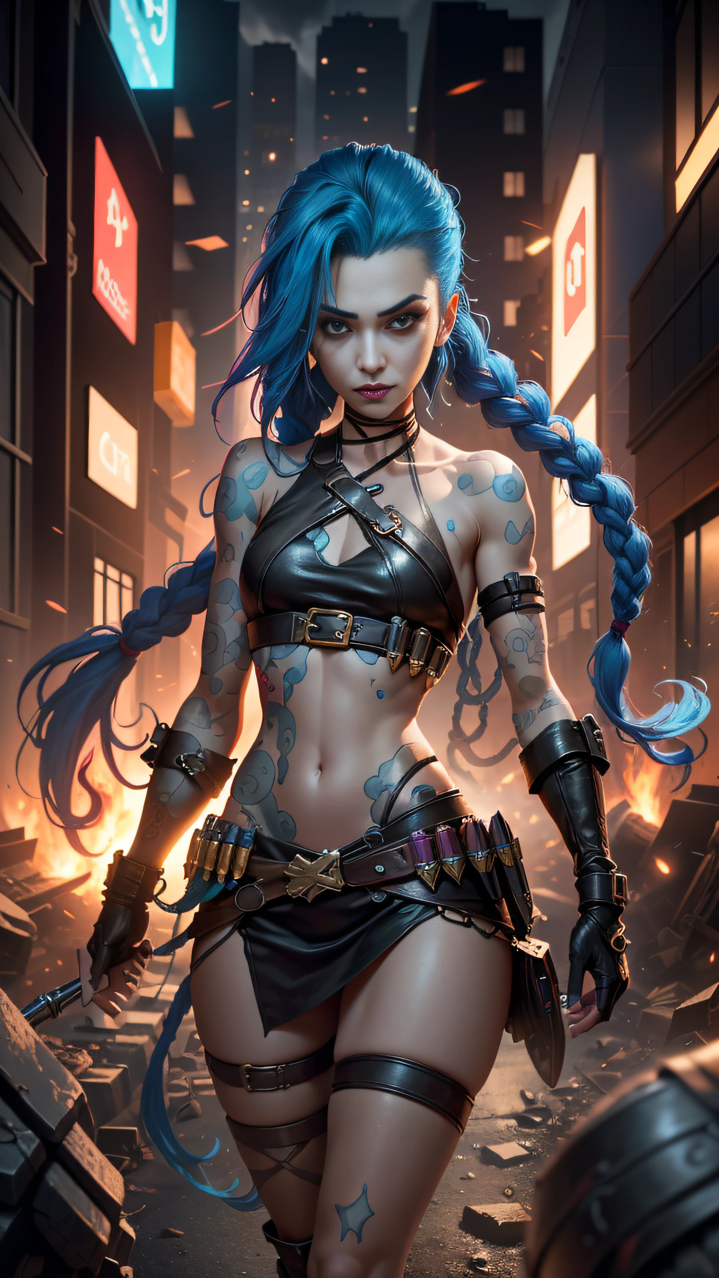 ((Best quality)), ((masterpiece)), (highly detailed:1.3), 3D, arcane style,In the dark and courageous dystopian city of Piltover, plagued by violence and divided into two opposing factions, a young prodigy named Jinx emerges. Having endured unimaginable loss and abandonment, she embraced a life of chaos and destruction. Known for her inventive and explosive abilities, Jinx becomes an icon of rebellion against the oppressive forces that control the city. However, haunted by guilt and battling inner demons, she must confront her past and decide whether to continue on the path of anarchy or seek redemption amid the turmoil. Explore Jinx's journey as she navigates a treacherous world, fighting for survival, unlocking secrets, and discovering the true meaning of her twisted existence, chaos reigns supreme, and at the center of it all is Jinx, the embodiment of unpredictability. Delve deep into Jinx's twisted mind, exploring the origins of his madness and the driving force behind his destructive nature. Unravel the moments that shaped her into the crazed, iconic character we know. Take us on a wild journey through the vibrant streets of Piltover and the shadowy suburb of Zaun as Jinx wreaks havoc with his explosive arsenal. Can redemption find its way into Jinx's fractured soul? Or will she dance forever on the edge of sanity, embracing the chaos that fuels her very existence? Arcane's fate hangs in the balance as Jinx's path intertwines with unlikely allies and formidable enemies. Ignite your imagination and paint a vivid portrait of Jinx's distorted psyche, capturing the essence of her madness and the indomitable spirit that defines it, HDR (High Dynamic Range), Ray Tracing, NVIDIA RTX, Super-Resolution, Unreal 5, Subsurface Scattering, PBR Texturing, Post-processing, Anisotropic Filtering, Depth of Field, Maximum Clarity and Sharpness, Multit Textures