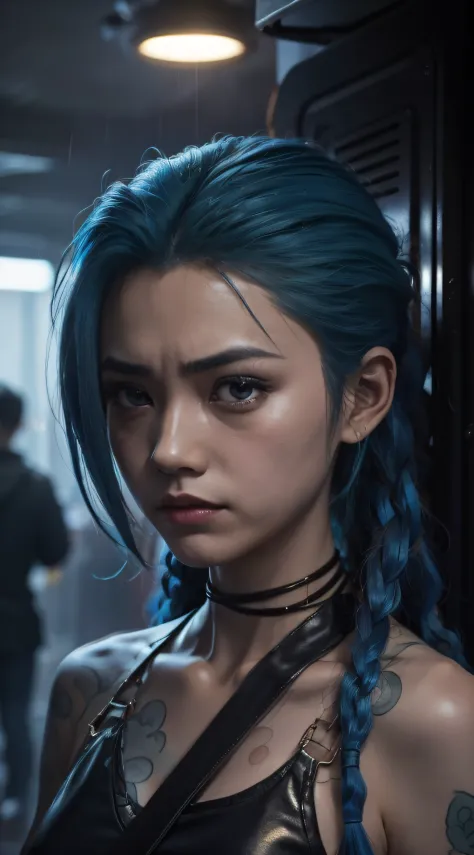 jinx，jinx blue hair，（cinematic tones）（the film uses cool colors of blue and gray）（wet clothes：1.9）,（get wet all over your body：1...