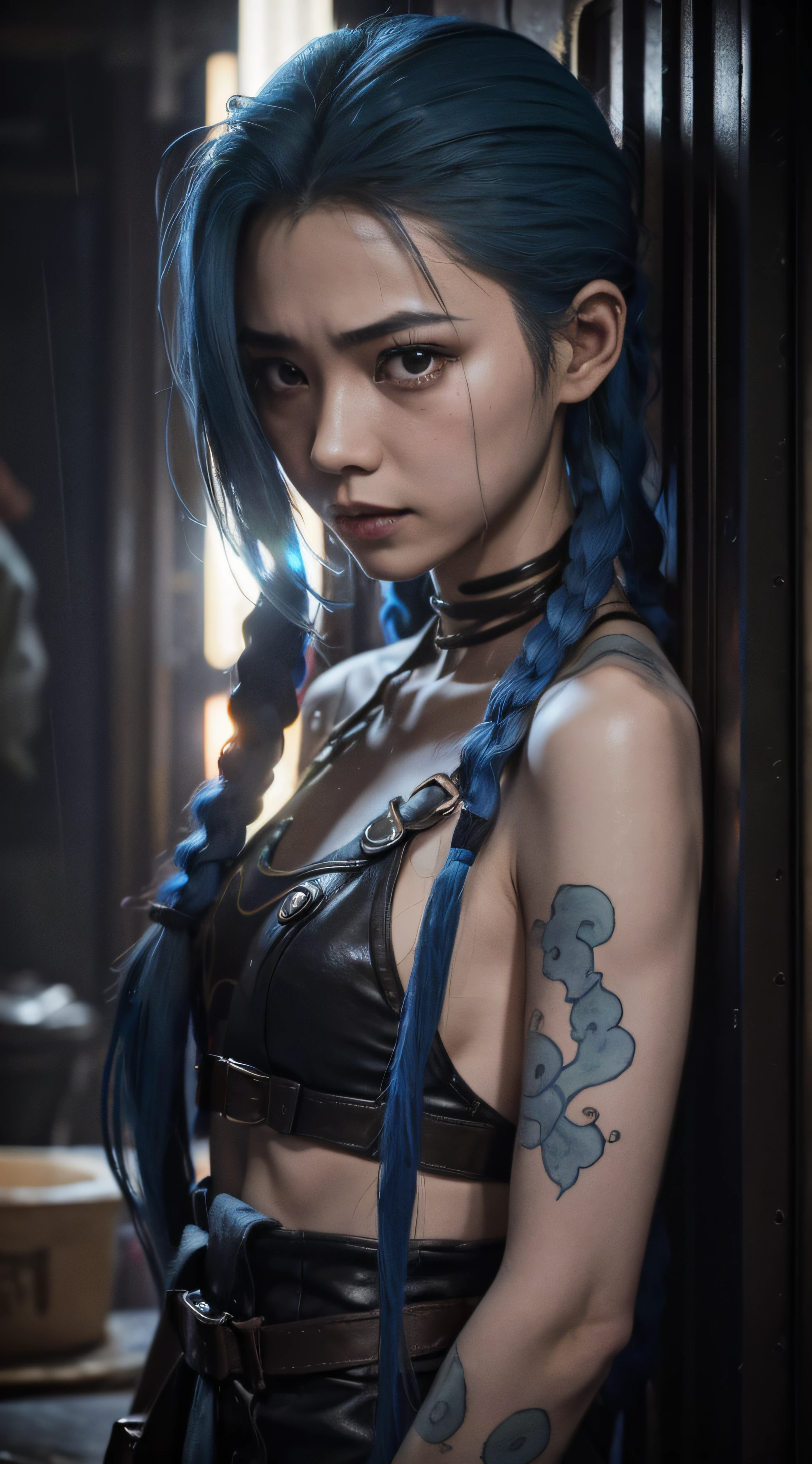Jinx，Jinx blue hair，（cinematic tones）（The film uses cool colors of blue and gray）（Wet clothes：1.9）,（Get wet all over your body：1.9）,Top image quality, tmasterpiece, Ultra-high resolution, （Fidelity：1.4）, stunningly beautiful woman, （Deeply condolences）, , dim murky lights, shadowy, Desperate, Pity, Pathetic, cinematic, Tears, tear drop, , Real rain, wetting hair,. Surprising crying, Clear white skin,  There are scratches everywhere, Dirty face,  White skin,  Smooth skin, Surprisingly realistic pictures, 8K high quality medium dark illumination, High detail, Detail Eye, Detail Make,