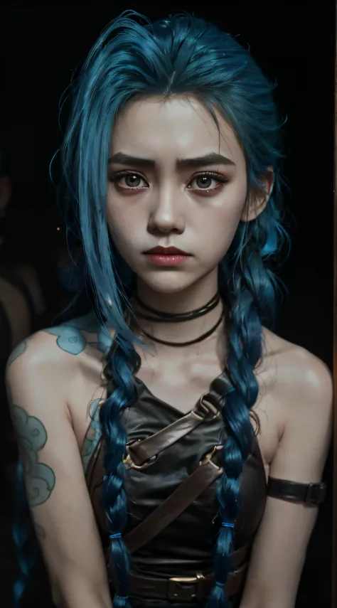 Jinx，Jinx blue hair，（Cinematic tones）（The film uses cool colors of blue and gray）（Wet clothes：1.9）,（Get wet all over your body：1...