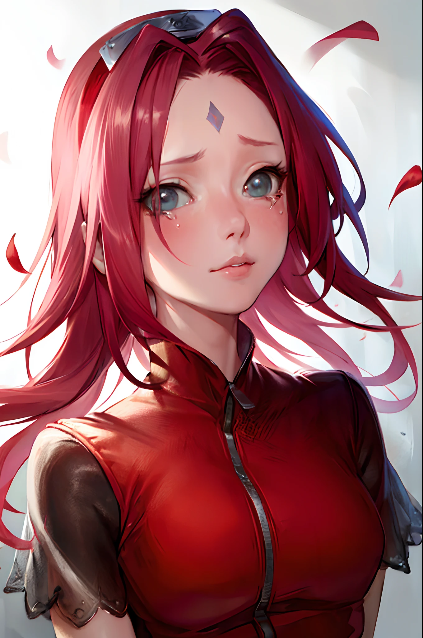 portrait of beautiful SakuraNS, solo, looking_at_viewer, closed_mouth, forehead_mark, lips, zipper, red_hairband, petals, crying, crying_with_eyes_open, tears, volumetric lighting, best quality, masterpiece, intricate details, tonemapping, sharp focus, hyper detailed, trending on Artstation,