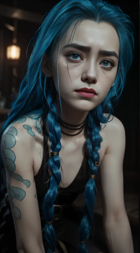 Jinx，Jinx blue hair，（Cinematic tones）（The film uses cool colors of blue and gray）Jinx，Ruined battlefield，Jinx sits alone on the ruins，holding her knees with both hands，low head，Frustrated，streaming tears，weeping，agony，unhelpless，irate，Hold back tears,Top i...