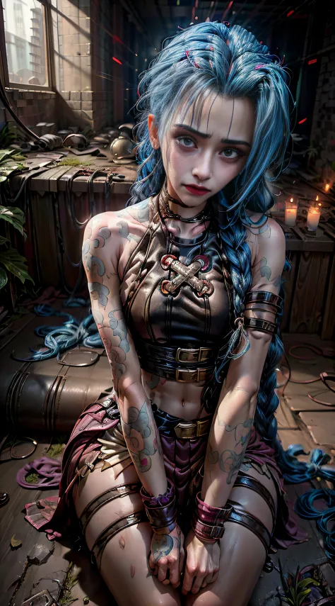 Jinx Storm，Jinx，Ruined battlefield，Jinx sits alone on the ruins，holding her knees with both hands，low head，Frustrated，streaming ...