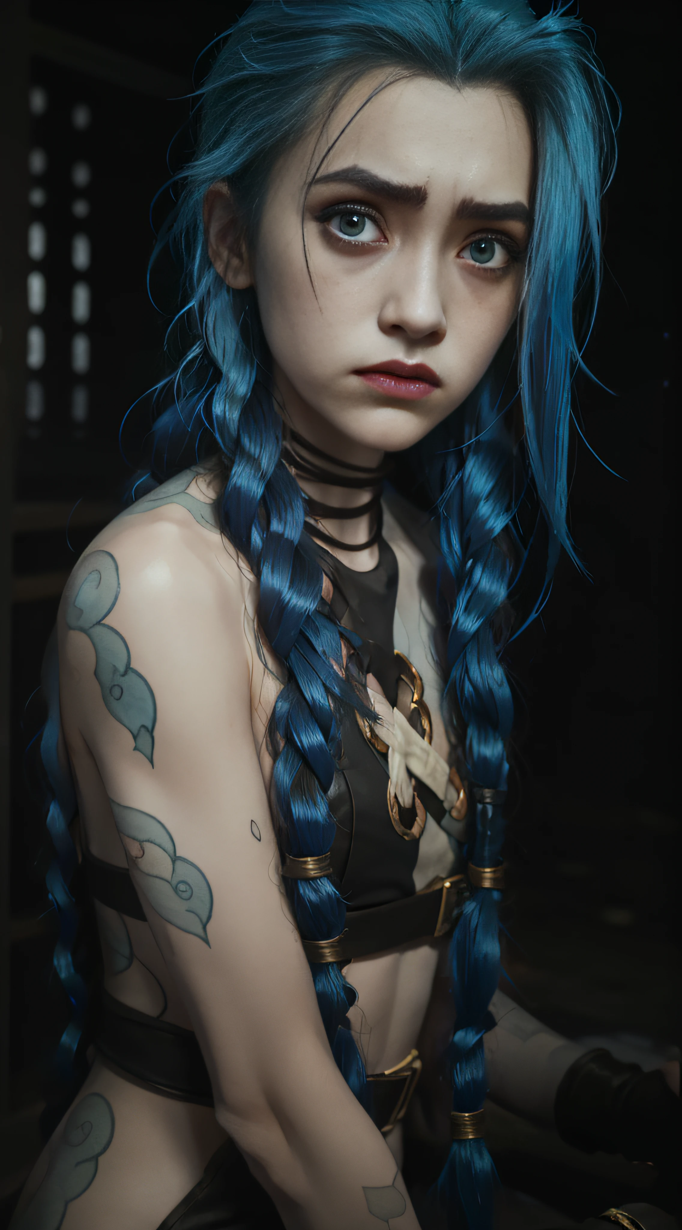 Jinx，Jinx blue hair，（Cinematic tones）（The film uses cool colors of blue and gray）（Wet clothes：1.9）,（Get wet all over your body：1.9）,Top image quality, tmasterpiece, 超高分辨率, （Fidelity：1.4）, stunningly beautiful woman, （Deeply condolences）, , dim murky lights, shadowy, Desperate, Pity, Pathetic, Cinematic, Tears, tear drop, , Real rain, wetting hair,. Surprising crying, Clear white skin,  There are scratches everywhere, Dirty face,  White skin,  Smooth skin, Surprisingly realistic pictures, 8K high quality medium dark illumination, High detail, Detail Eye, Detal Face,