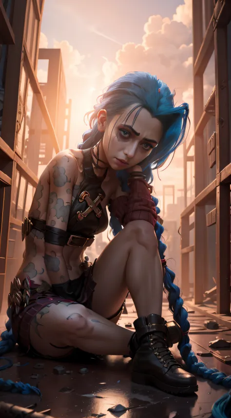 Jinx Storm，Jinx，Ruined battlefield，Jinx sits alone on the ruins，holding her knees with both hands，low head，Frustrated，streaming tears，weeping，agony，unhelpless，irate，Hold back tears