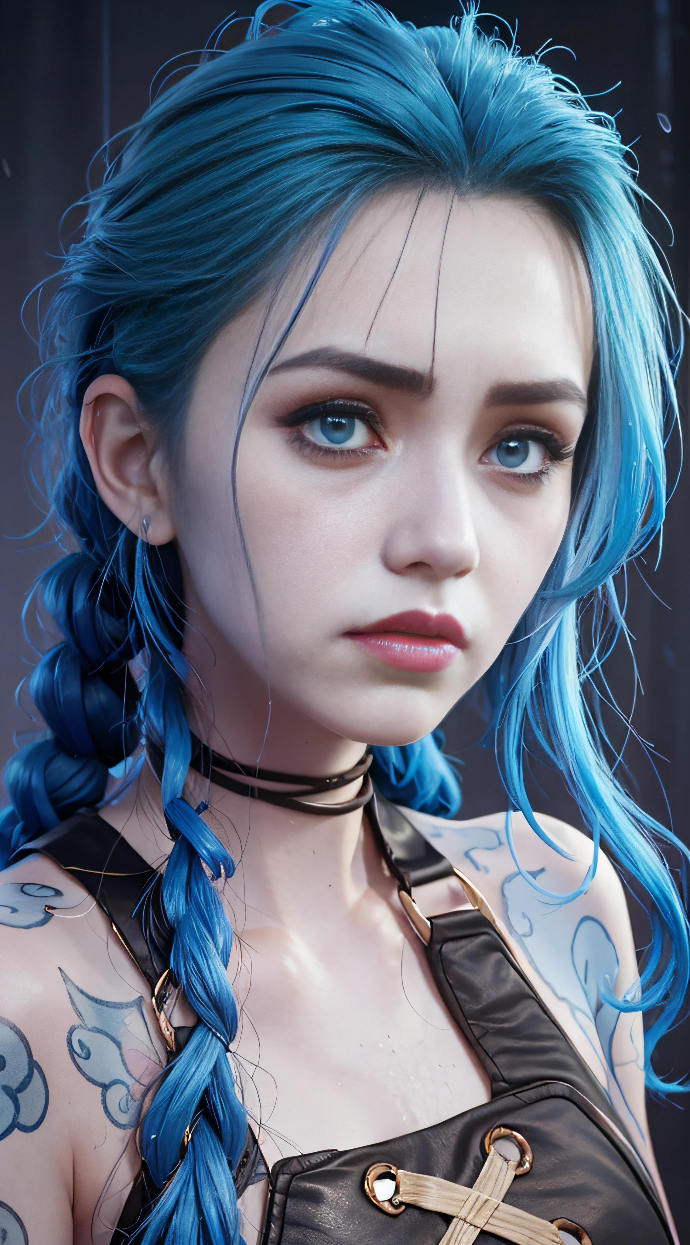 Jinx，Jinx blue hair，（cinematic tones）（The film uses cool colors of blue and gray）（Wet clothes：1.9）,（Get wet all over your body：1.9）,Top image quality, tmasterpiece, Ultra-high resolution, （Fidelity：1.4）, stunningly beautiful woman, （Deeply condolences）, , dim murky lights, shadowy, Desperate, Pity, Pathetic, cinematic, Tears, tear drop, , Real rain, wetting hair,. Surprising crying, Clear white skin,  There are scratches everywhere, Dirty face,  White skin,  Smooth skin, Surprisingly realistic pictures, 8K high quality medium dark illumination, High detail, Detail Eye, Detail Make,