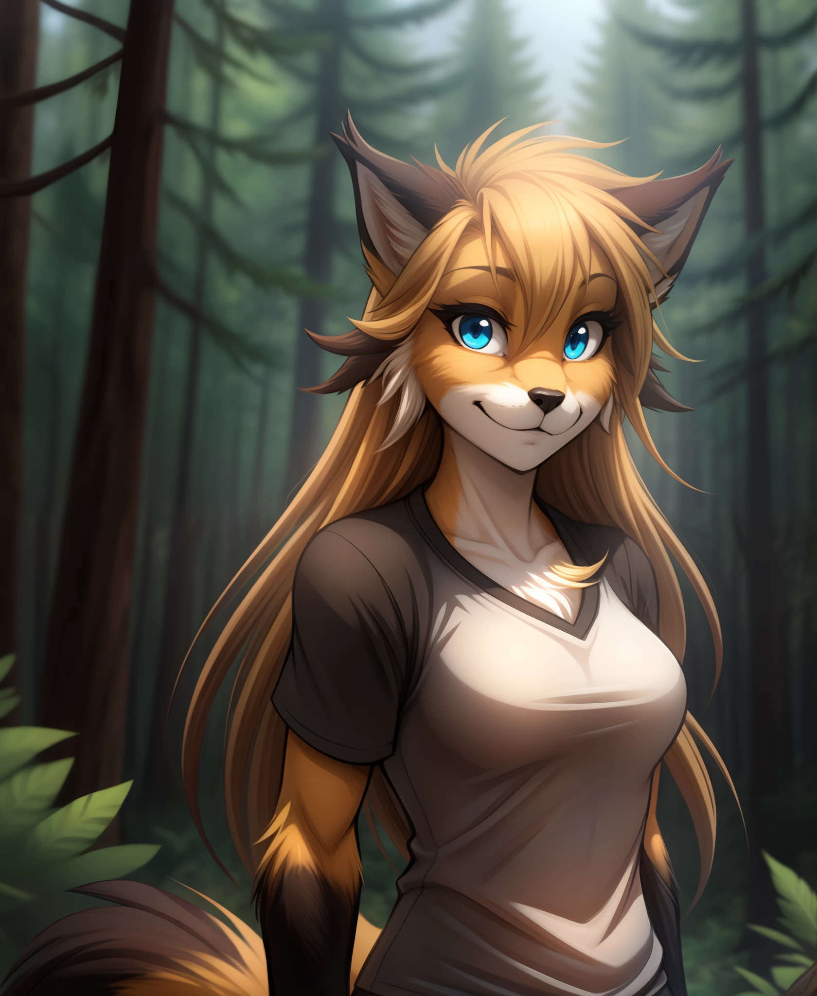 mike-twokinds, mike, twokinds, by tom_fischbach,, (best quality, masterpiece:1), solo, furry female anthro, blue eyes,long hair, black tip yellow hair, portrait, fingers, finger claws, looking at viewer,  Fox tail, (outdoors dark forest trees blurry blurred background:1.1), shirt