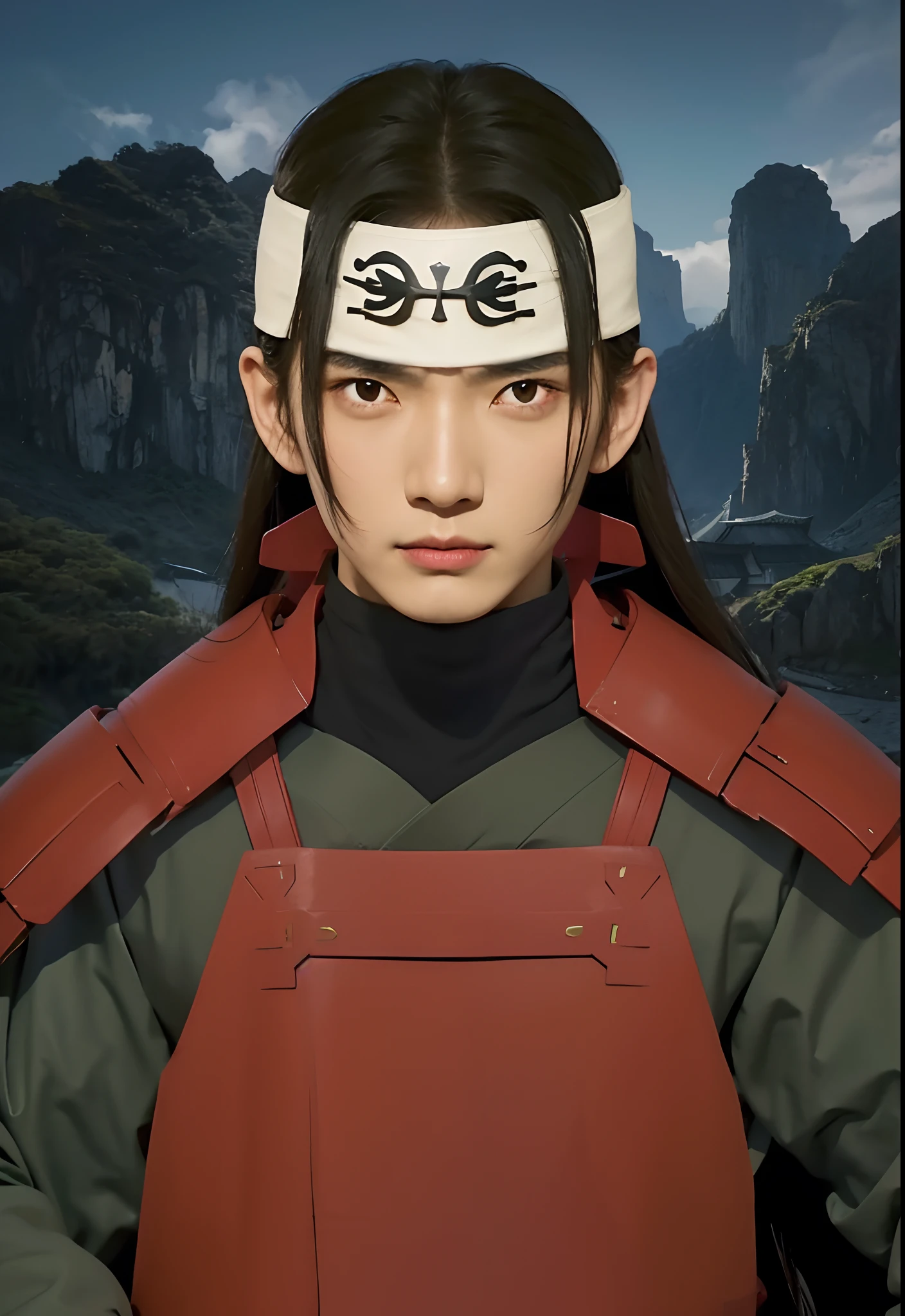 Real life adaption of this character, Korean handsome face,serius expression,Tan skin, realistic black long hair with white headband, ((realistic same outfit wear red iron armor like samurai)), realistic background, realistic shadow, realism, realistic light, hyper realistic,(photorealistic:1.2)