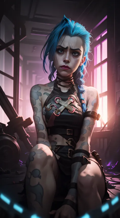 Jinx Storm，Jinx，Ruined battlefield，Jinx sits alone on the ruins，holding her knees with both hands，low head，Frustrated，streaming tears，weeping，agony，unhelpless，irate，Hold back tears，Extreme light and shadow，Cinematic lighting，8K clarity