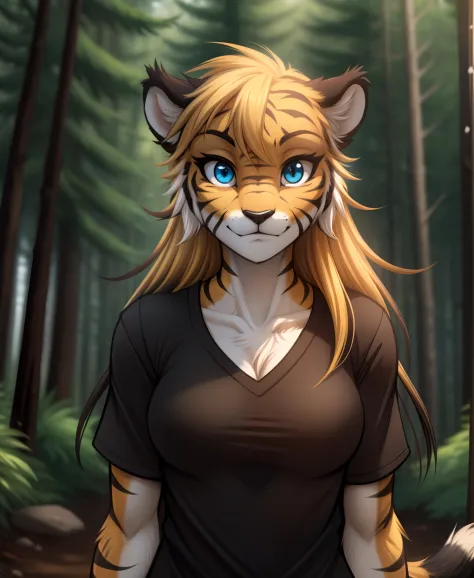 mike-twokinds, mike, twokinds, by tom_fischbach,, (best quality, masterpiece:1), solo, furry female anthro, blue eyes,long hair, black tip yellow hair, portrait, fingers, finger claws, looking at viewer, tiger tail, (outdoors dark forest trees blurry blurr...