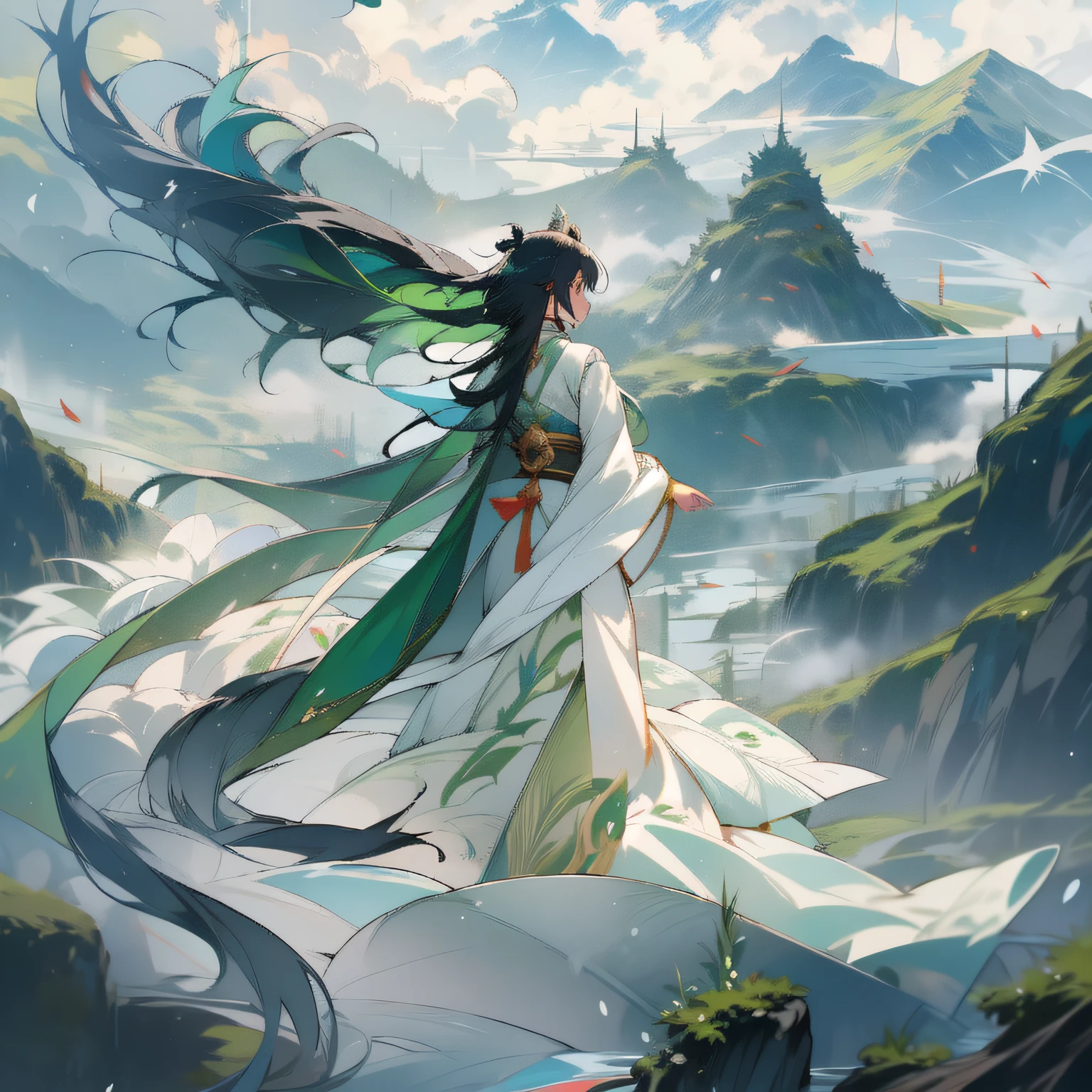 Flying Fairy，Back shadow，Green water and green mountains，Royal Sword Flight，long hair flowing，surrounded by cloud，Taoist robes and white clothes，ember，ancient wind
