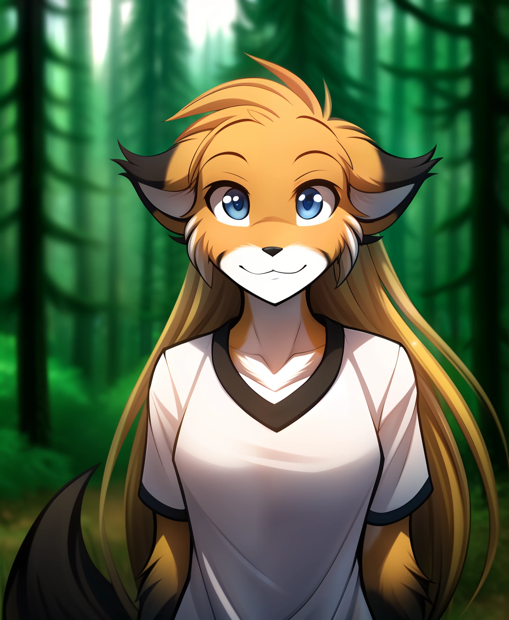 mike-twokinds, mike, twokinds, by tom_fischbach,, (best quality, masterpiece:1), solo, furry female anthro, blue eyes,long hair, black tip yellow hair, portrait, fingers, finger claws, looking at viewer, Fox tail, (outdoors dark forest trees blurry blurred background:1.1), shirt