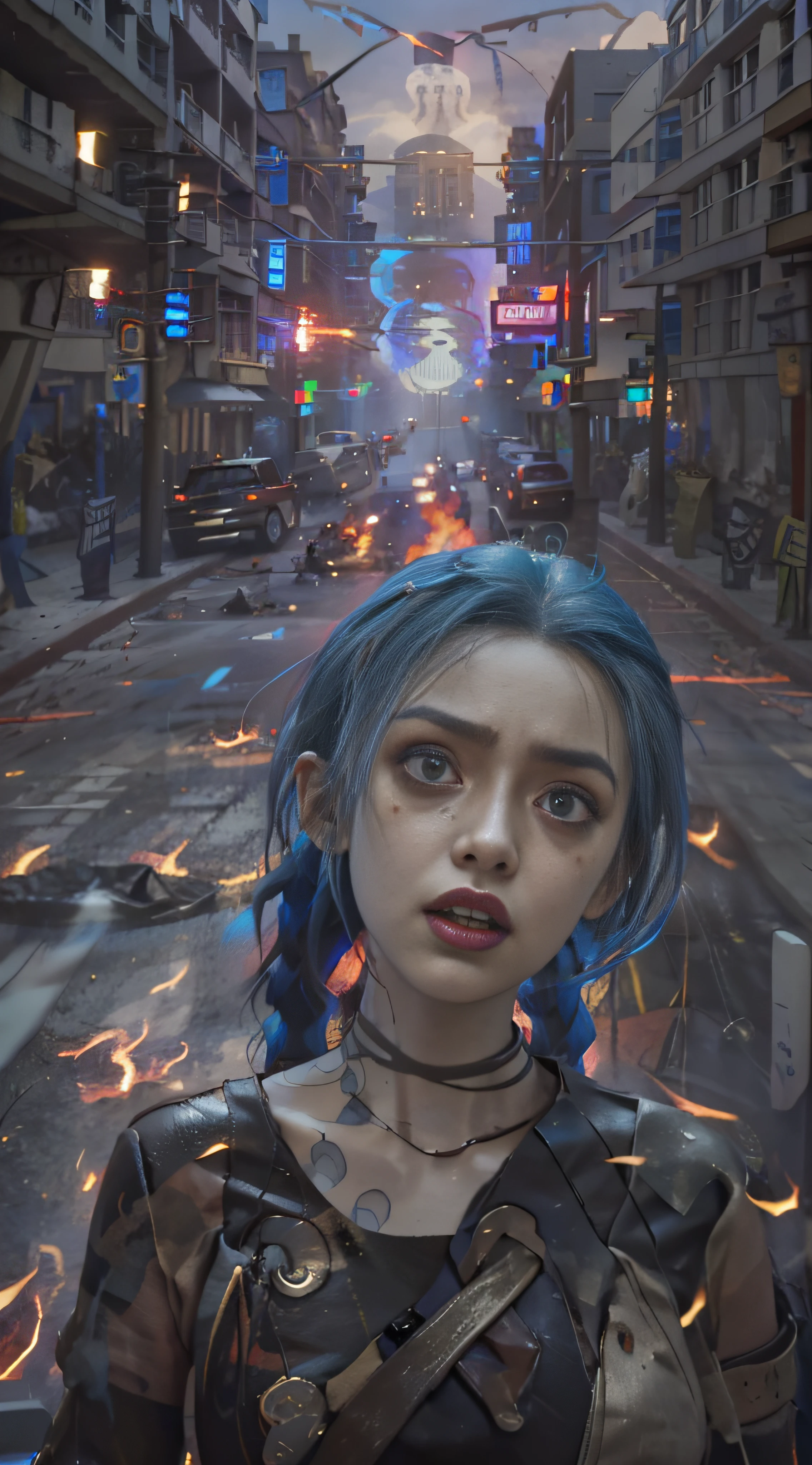 Jinx face up, Scream desperately，Tearing clothes on the road, People shoot，Panicked people were destroyed in the city, , Flames and general destruction, The darkness of the Dark Ages