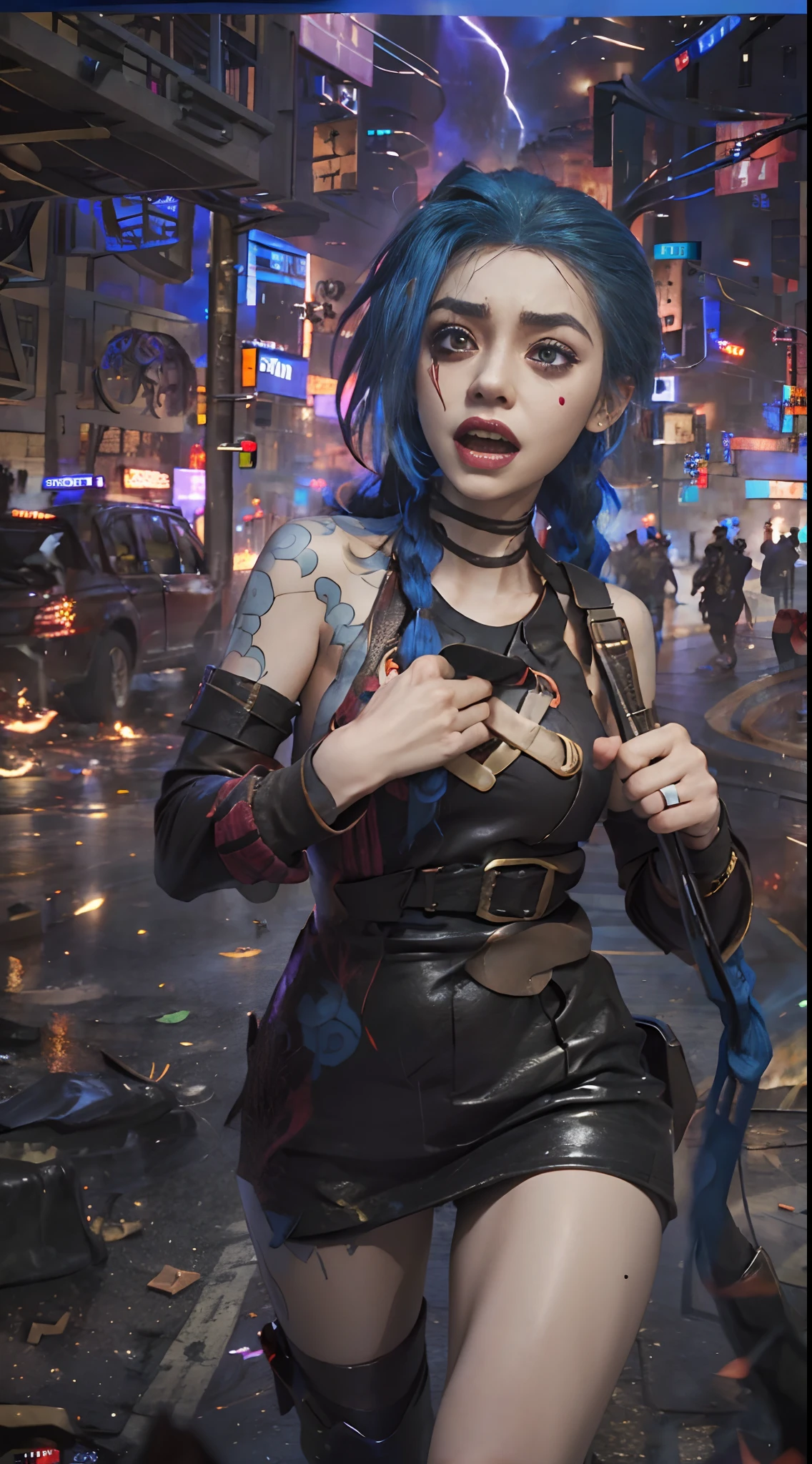 Jinx face up, Scream desperately，Tearing clothes on the road, People shoot，Panicked people were destroyed in the city, , Flames and general destruction, The darkness of the Dark Ages