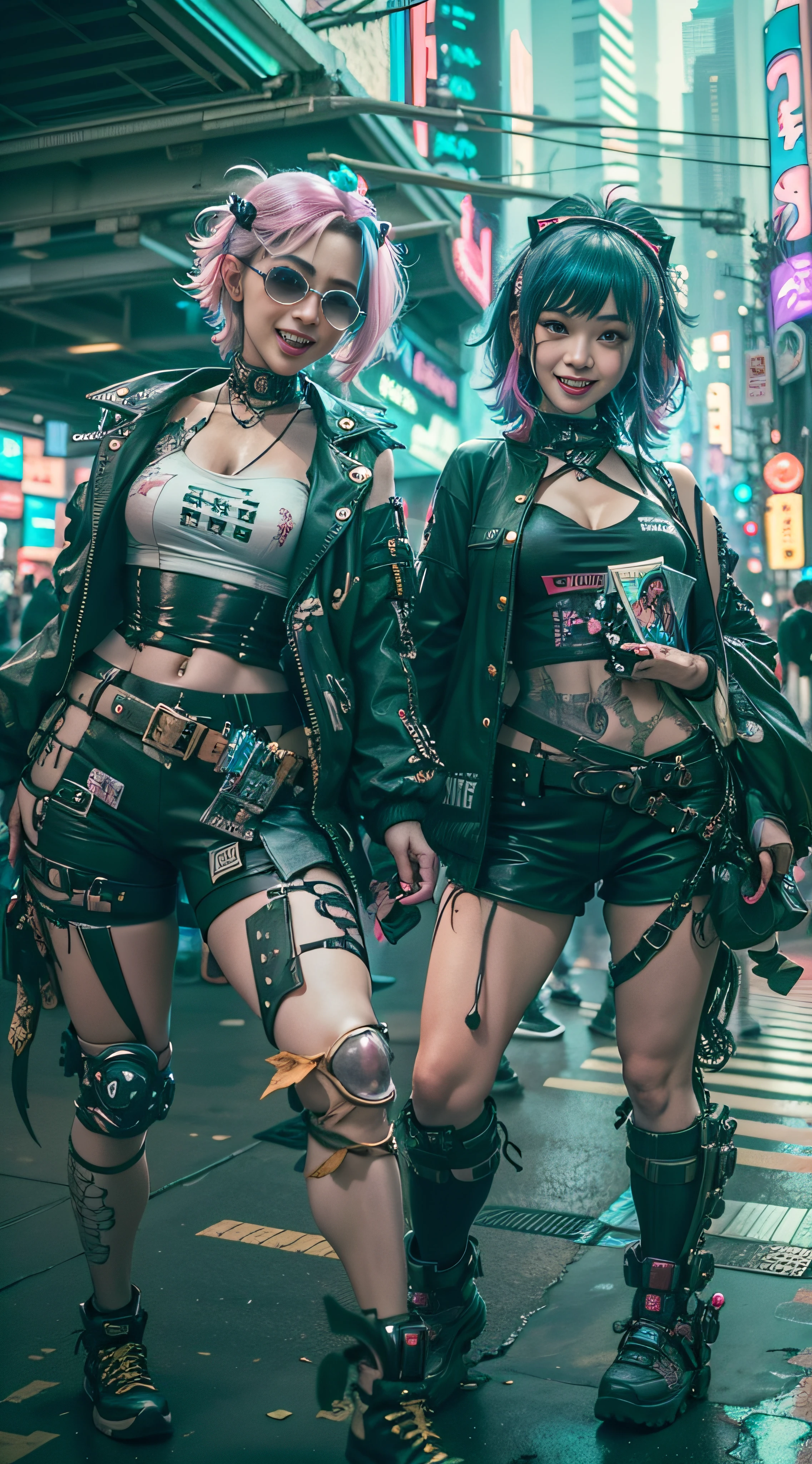 ((2 chicas cyberpunk con disfraces de Harajuku Tech), (lentes de ojo de pez), Autodisparo, tiro de vaquero, viento, pelo despeinado, paisaje de la ciudad ciberpunk, (estética y atmósfera:1.2),sonriente, reír