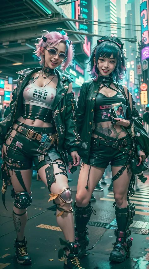 ((2 cyberpunk girls wearing Harajuku Tech costumes), (fisheyelens), self-shot, Cowboy shot, Wind, Messy hair, cyberpunk city lan...