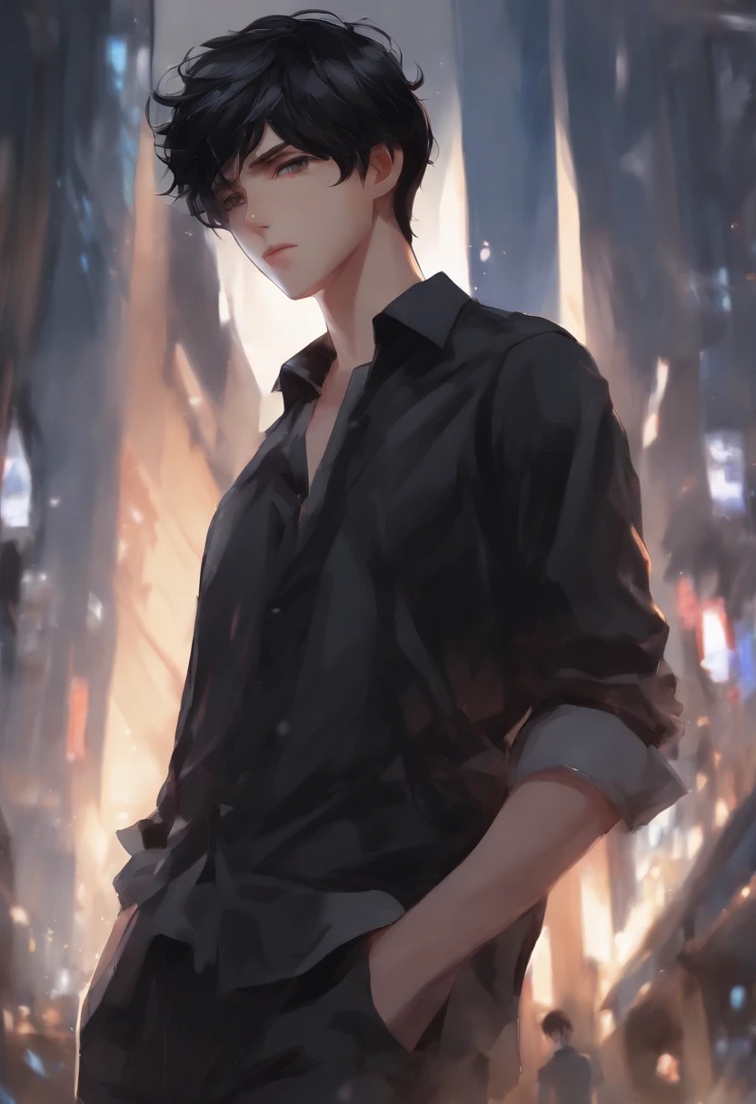 Anime boy in black shirt and tie standing in a city - SeaArt AI