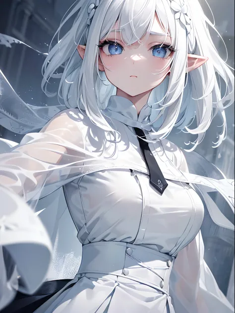 (masterpiece,best quality,ultra-detailed),1girl,white hair, pointy ears,beautiful and detailed face, detailed eyes,white shirt, white skirt, tie,night,fog,((grey and white theme))
