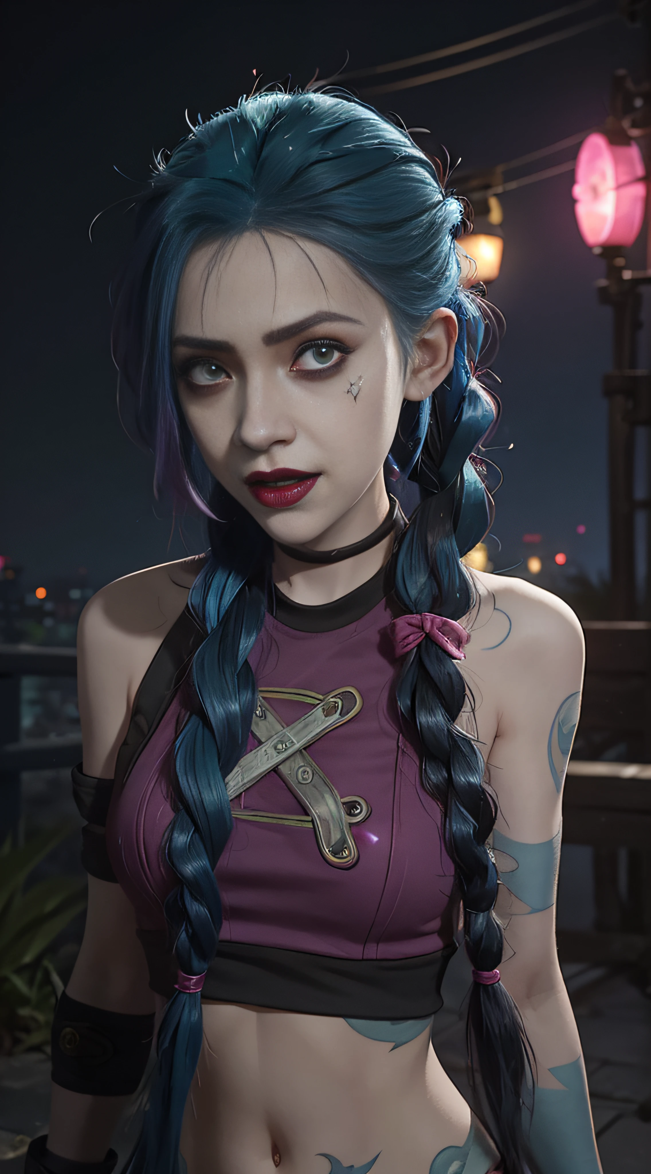 glowing, face focus, portrait, crazy, insanity, glowing pink eyes,arcane style, 1girl, arm tattoo, asymmetrical bangs, bangs, blue hair, braid, brown shirt, cloud tattoo, looking at viewer, laughing, crazy, uncontrollable laugh, mad look, night, city, green hair, long hair, midriff, pink eyes, red lips, shirt, solo, standing, tattoo, twin braids, upper body, arcane jinx, jinx \(league of legends\)