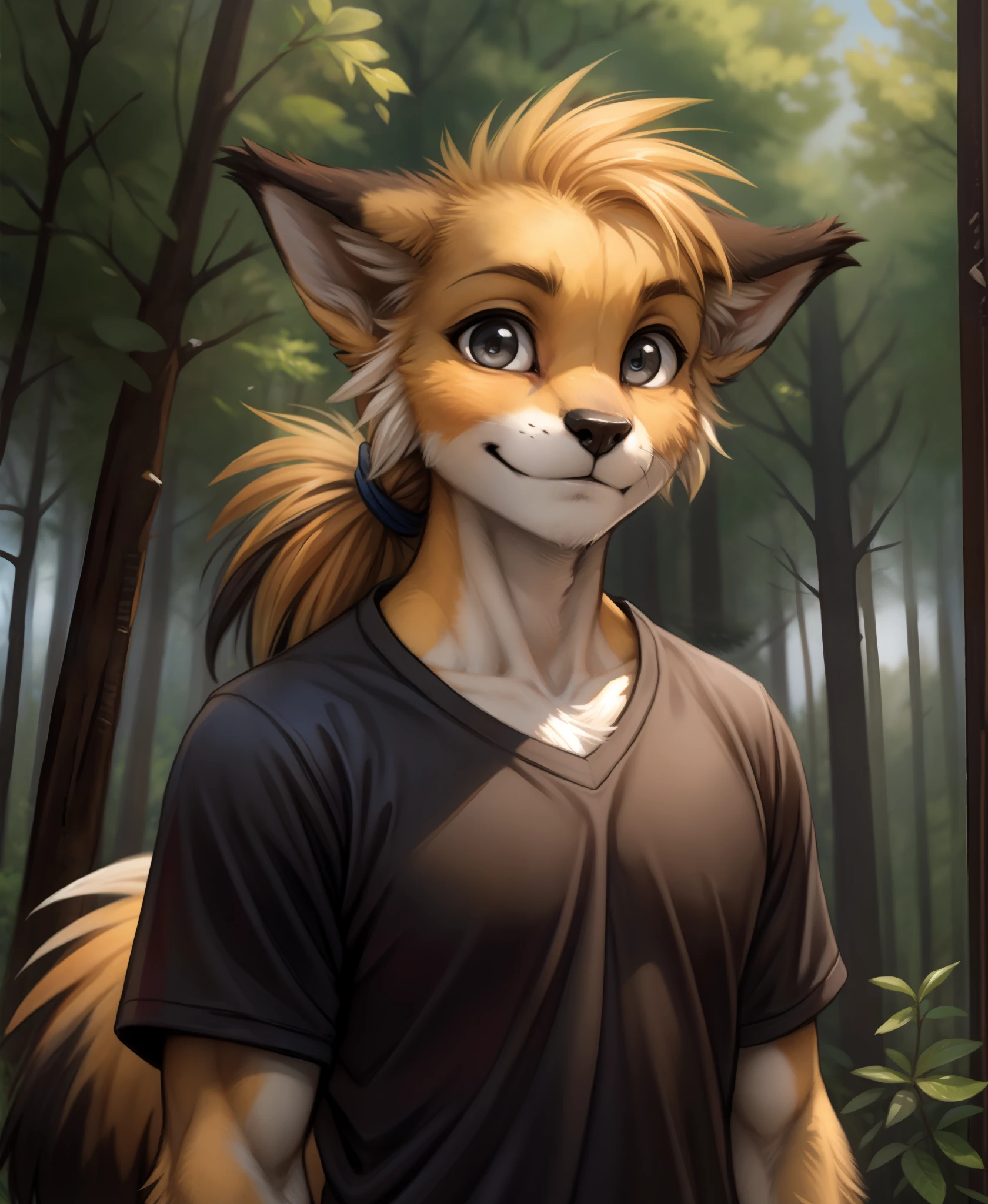 by kenket, by totesfleisch8, (by thebigslick, by silverfox5213:0.8), (by syuro:0.2),, mike-twokinds, mike, twokinds, by tom_fischbach,, (best quality, masterpiece:1), solo, furry male anthro, grey eyes,long hair, ponytail, black tip yellow hair, portrait, fingers, finger claws, looking at viewer, Fox tail, (outdoors dark forest trees blurry blurred background:1.1), shirt