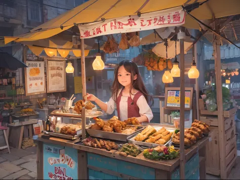 A girl, smile, At a small stall,Fried chicken wings are sold,grilling skewers,lamplight,