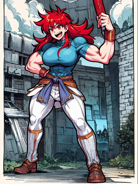 tomboy, warrior, berserker, tall female, muscular female, living hair, sauvage,, medieval clothing, fantasy, fantasy weapon, huge breasts, barbarian pants, , combat boots, armor, red hair, crazy smile, open mouth, biceps, necktie, thick arms,pullover, solo...