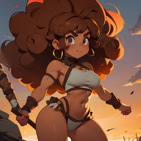 Thick modern barbarian light brown skinned woman with curly hair
