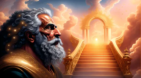 um velho com barba e barba em frente a uma escada, Hora do Pai, Directed by: Alexander Kucharsky, gold gates of heaven!!!!!!!!, ...