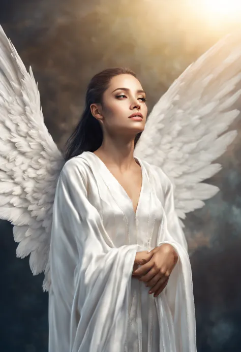 (best quality,4k,8k,highres,masterpiece:1.2),ultra-detailed,(realistic,photorealistic,photo-realistic:1.37),portraits,angel with wings,vivid colors,soft lighting,surreal,ethereal,holy light,hopeful expression,flowing white robes,feathery wings,celestial au...