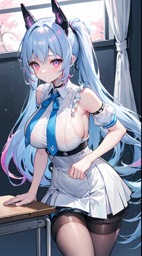 Light blue double ponytail，Hair curtains。long whitr hair，Pink eyes，White off-the-shoulder cover neck short sleeves，black short skirt，Black stocking pantyhose，chiquita，Bad girl，，huge tit，cyber punk perssonage，Pink ，In the classroom，and the sun was shining b...
