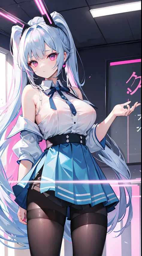 Light blue double ponytail，Hair curtains。long whitr hair，Pink eyes，White off-the-shoulder cover neck short sleeves，black short skirt，Black stocking pantyhose，chiquita，Bad girl，，huge tit，cyber punk perssonage，Pink ，In the classroom，and the sun was shining b...