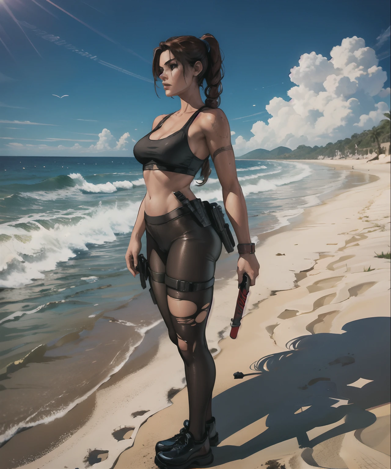 Tomb Raider, Lara Croft em uma praia deserta, biquine preta, meia-calça rasgada, água, em pé, lado perfil, De corpo inteiro em pé, lateralmente, mostrando perfil,