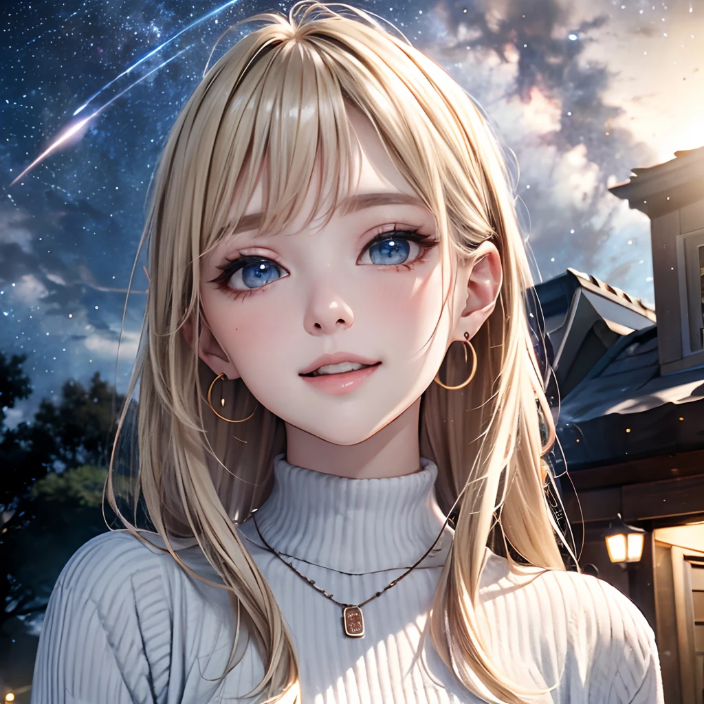 absurderes, Ultra-detail,bright colour,(in 8K:1.3),masuter piece,extremely beautiful detailed face and eyes, 2, Aurora、city light、constellation、Crescent,intergalactic,lamp post, Particles of light, long-sleeve, milkyway, natta, nigh sky, outside of house, planets, Power lines, shooting stars,  Skysky, Skyscraper, solo、stargazing,star_\(skyporn\)、starrysky、starry Sky Print、telescopes、Winters、(Smooth straight blonde hair:1.3), (Shiny hair:1.2), Delicate beautiful face, red blush、Deep Blue Eyes, Happy smiling face,Small necklace,