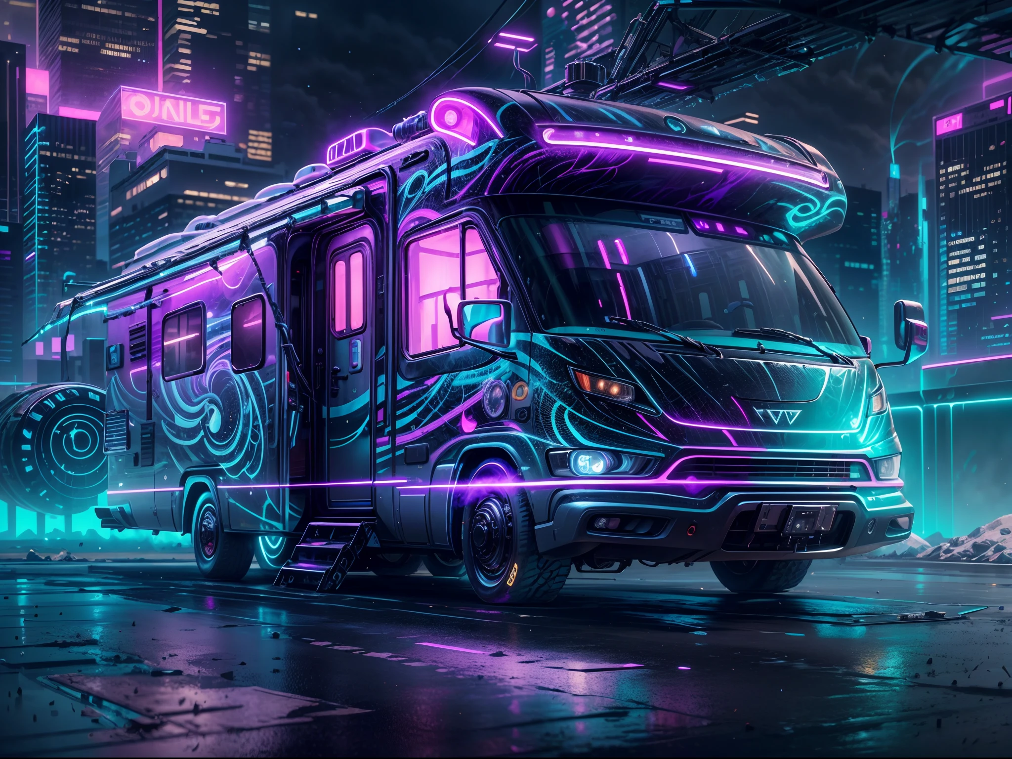 Imagem de um trailer estilo cyberpunk, luz neon azul e roxa com grafite abstrato no trailer, RV de alta tecnologia com tecnologia antigravidade ajuda-o a flutuar no ar, sem roda, voando com alta tecnologia