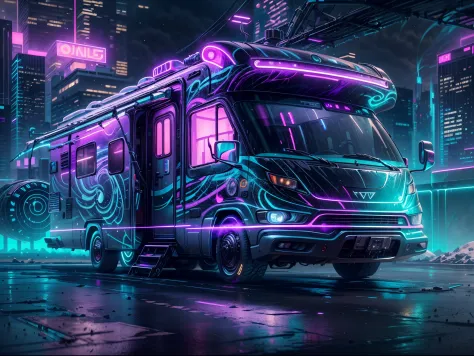 Image of a cyberpunk style RV, blue and purple neon light with abstract graffiti on the motor home, high tech RV with anti-gravi...