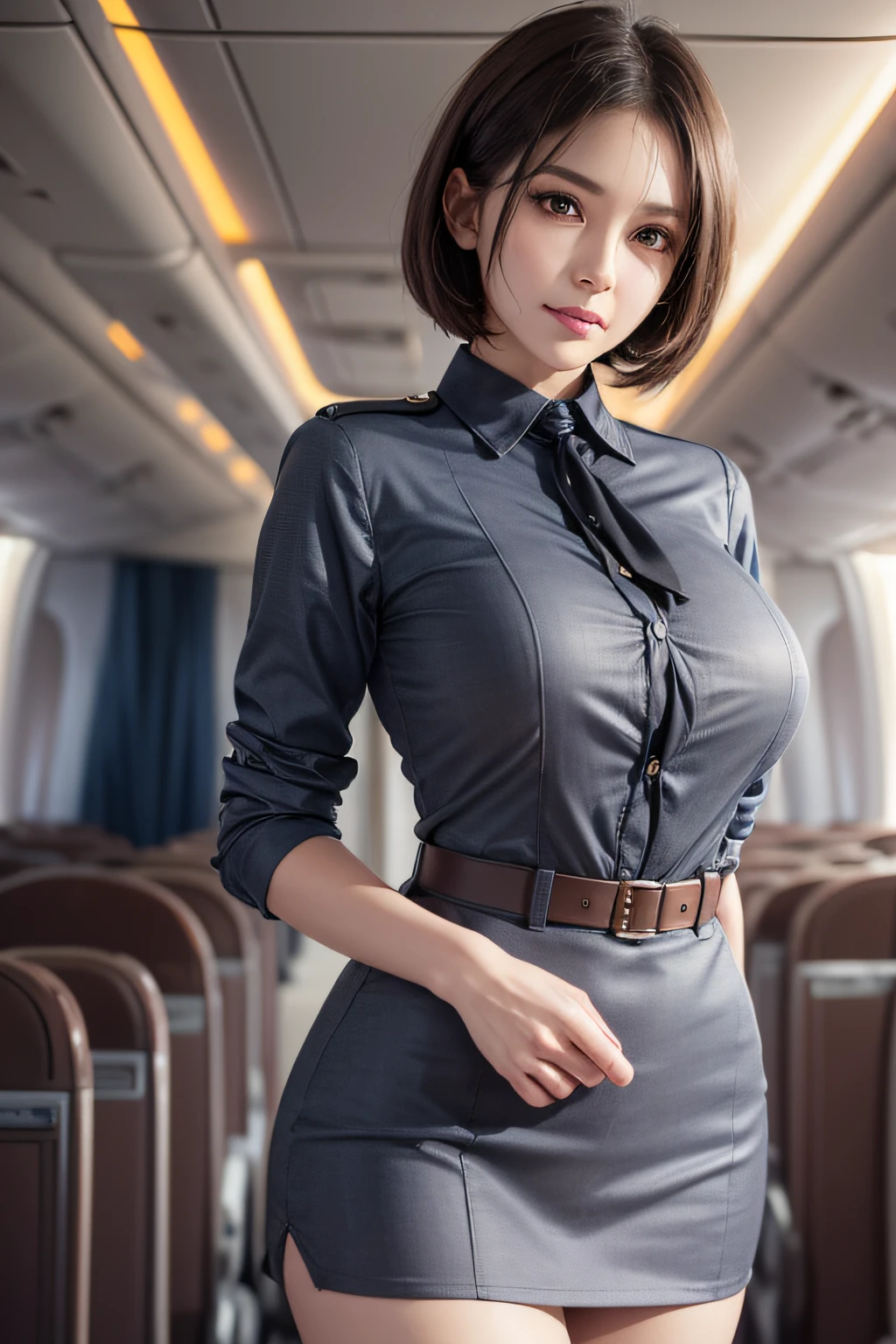 (1 Ultimate Beautiful Mature Woman), hyperdetailed face, Detailed lips, Detailed eyes, double eyelid, Black bob hair, (Stewardess uniform:1.2), (large full breasts), (thin-waist), (ssmile), thighs thighs thighs thighs, (Standing), Perfect fit, Perfect image realism, Background with: (On a luxury plane:1.3), (Cowboy Shot), Meticulous background, detailed costume, Perfect Lighting, Hyper-Realism, (Photorealsitic:1.4), 8K maximum resolution, (​masterpiece), Highly detailed, Professional