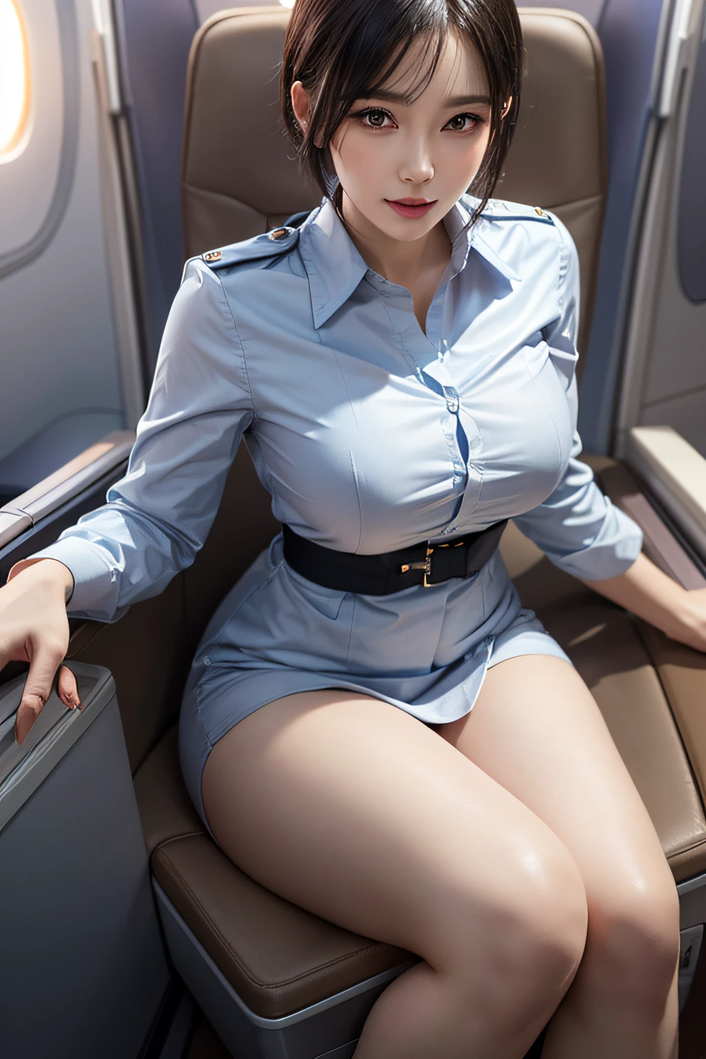 (1 Ultimate Beautiful Mature Woman), hyperdetailed face, Detailed lips, Detailed eyes, double eyelid, Black bob hair, (Stewardess uniform:1.2), (large full breasts), (thin-waist), (ssmile), thighs thighs thighs thighs, (Standing), Perfect fit, Perfect image realism, Background with: (On a luxury plane:1.3), (Cowboy Shot), Meticulous background, detailed costume, Perfect Lighting, Hyper-Realism, (Photorealsitic:1.4), 8K maximum resolution, (​masterpiece), Highly detailed, Professional