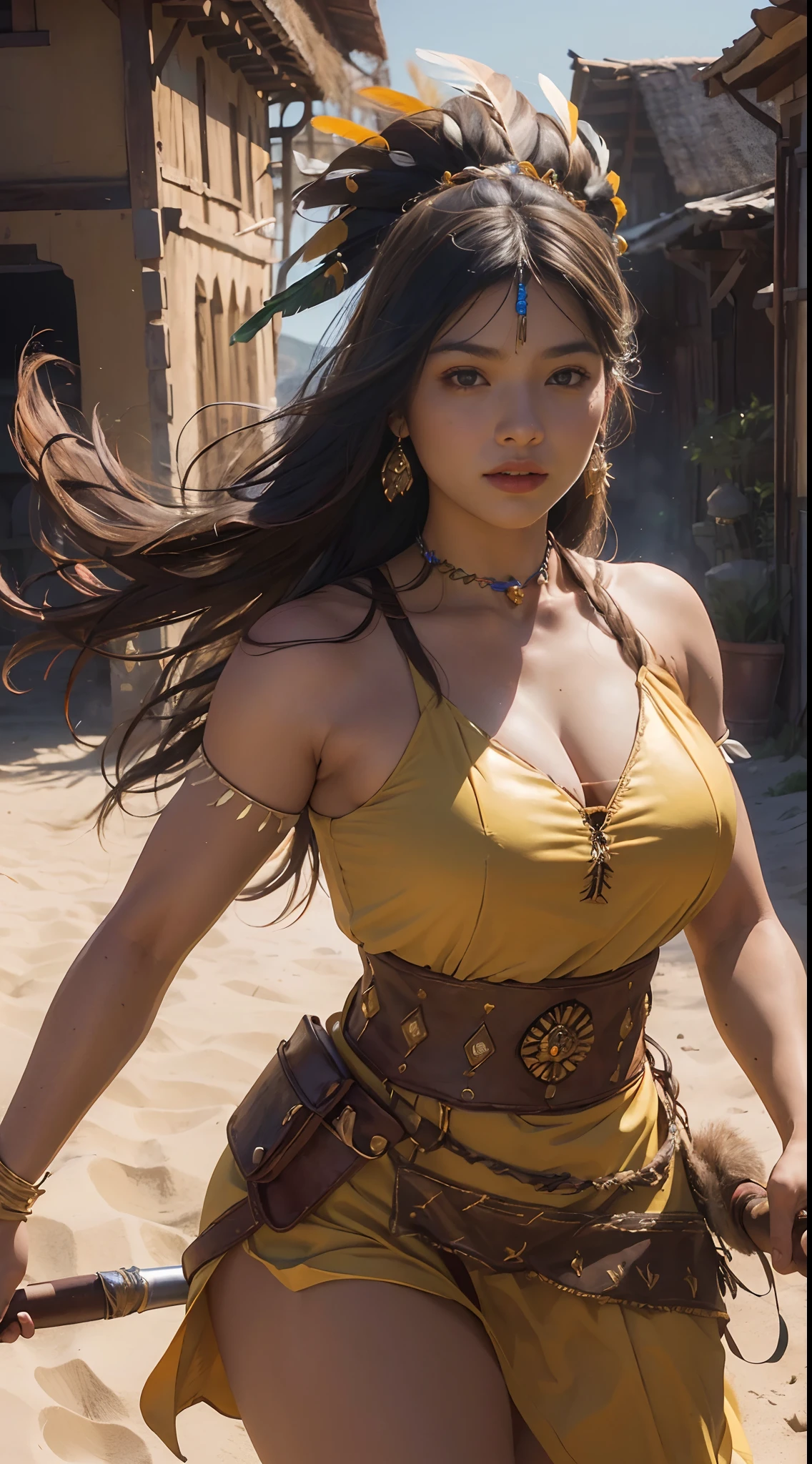 ((masterpiece)), ((best quality)), ((highres)), extremely detailed)), ((1 girl as Pocahontas)), full body,  Native American woman, young beautiful woman, Big breast, (super realistic), (peerless beauty), detailed skin texture, detailed cloth texture, beautiful detailed face, intricate details, ultra detailed, indigenes feather jewelry, feather headdress, ((traditional yellow handmade dress)) ((armed female hunter warrior)), dynamic pose, on desert, riding a horse, aiming the spear, ultra realistic, concept art, elegant, ((intricate)), ((highly detailed)), depth of field, ((professionally color graded)), soft ambient lighting, dusk, (Best quality, A high resolution, Photorealistic, primitive, 8K,Masterpiece, ),Best quality, Masterpiec8K.hdr. High ribs:1.2, filmgrain, Blur bokeh:1.2, Lens flare, (vivd colour:1.2), (Delicate),